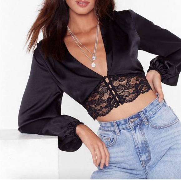 Nasty Gal Tops - Nasty Gal Lace Long Sleeve Satin Balloon Sleeve Crop Top Black Size 8